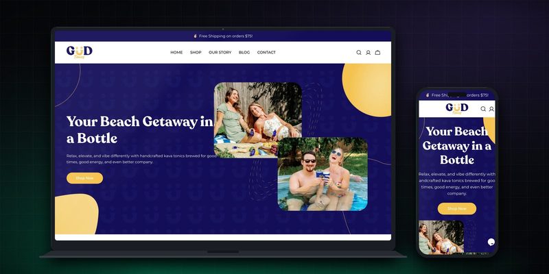 Gud Tonics homepage on desktop and mobile