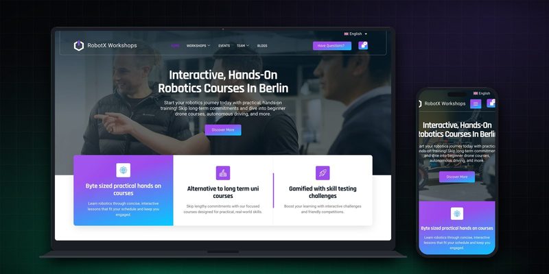 RobotX Workshops homepage on desktop and mobile