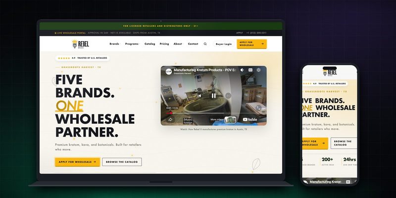 Rebel X Brands homepage on desktop and mobile