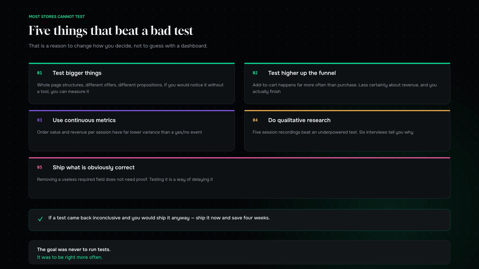 Five alternatives to underpowered A/B testing: bigger changes, metrics higher in the funnel, continuous metrics like order value, qualitative research, and shipping obviously-correct changes
