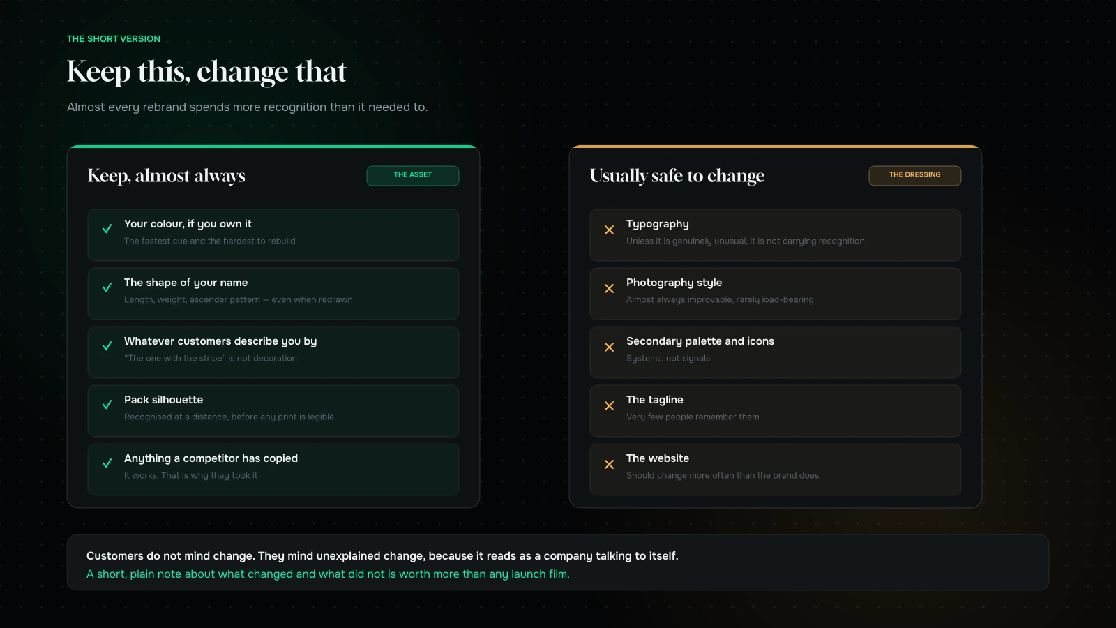 What to keep in a rebrand and what is usually safe to change, in two columns