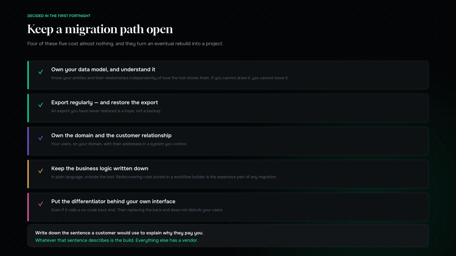 How to keep a migration path open when starting on no-code: own the data model, own the domain, own the customer relationship, and keep the logic documented